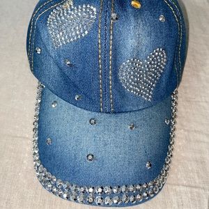 Denim cap with silver rhinestone gem heart designs